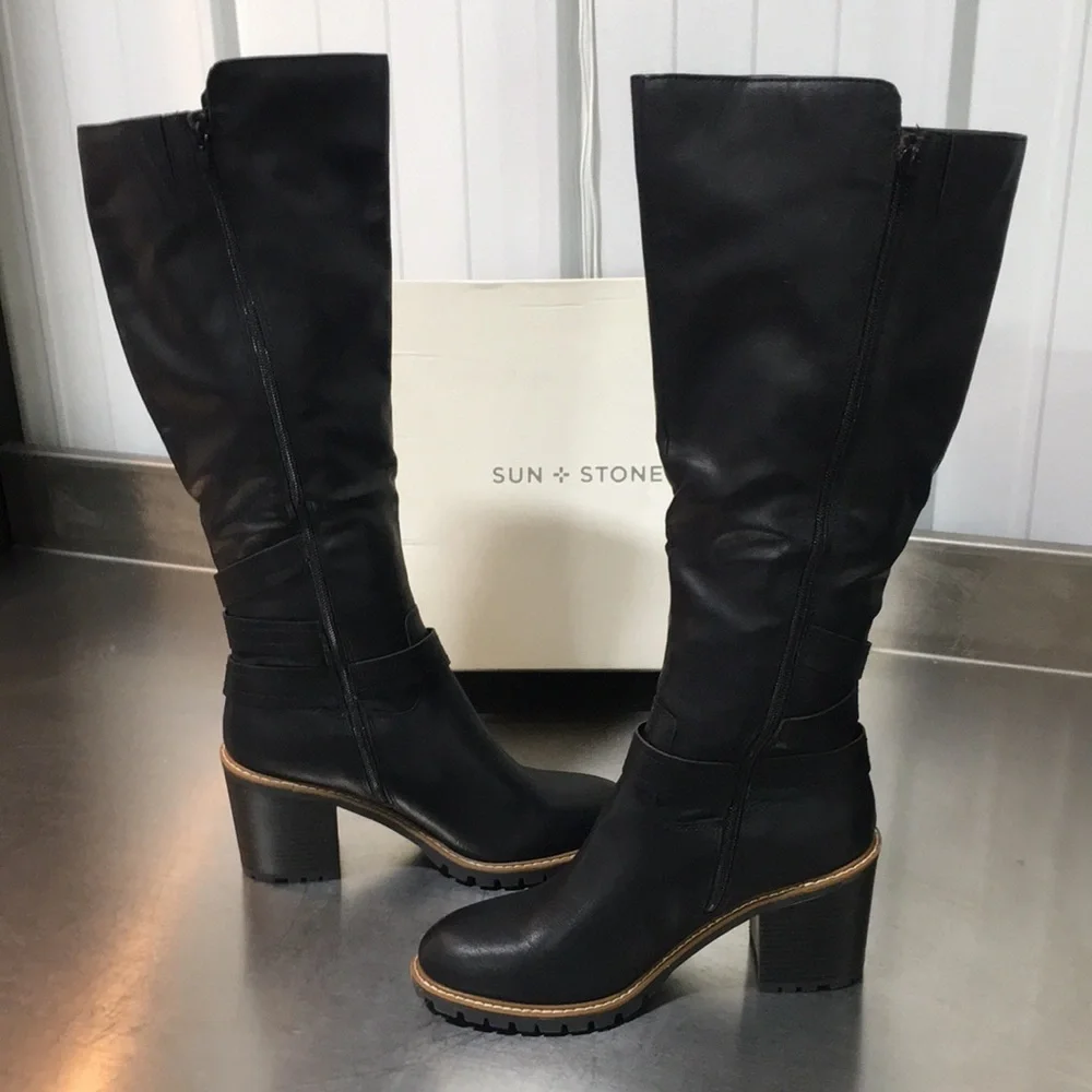 New WB Woman’s Sun + Stone Black Mid-Calf Leather Block Heel Boots